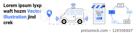 Car with GPS signal, mobile shopping app interface, and process flow diagram with arrows and icons. Ideal for e-commerce, logistics, mobile apps, delivery services, technology integration, online 126506887