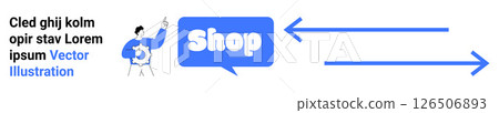A person with a pointing gesture, accompanied by a speech bubble with the word Shop and two directional arrows. Ideal for online stores, e-commerce websites, digital marketing, call to action 126506893