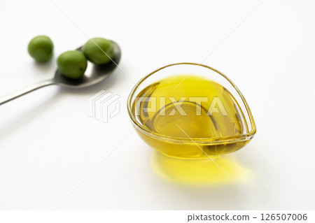 Extra virgin olive oil and green olives on a spoon on a white background 126507006