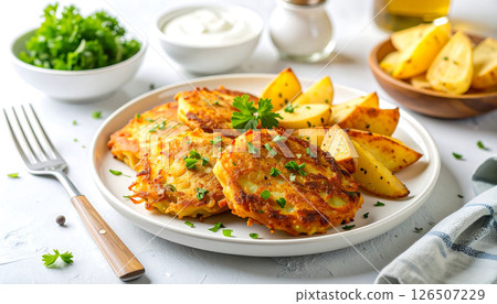 Golden potato pancakes served with potato wedges, salad, and sauce on a white plate. 126507229