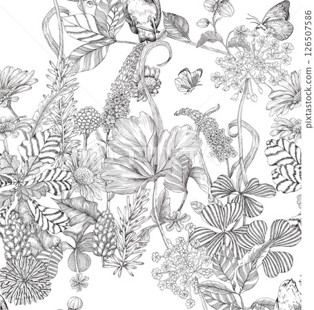 Whimsical Handmade Scroll Floral Design Sketch Graphics 126507586