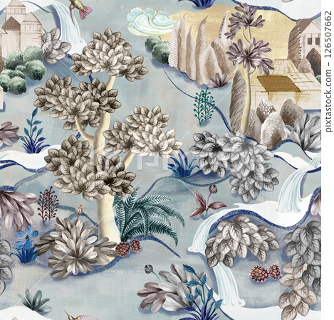 Unique Hand Illustrated Curly Floral and Scroll Motif Works 126507662