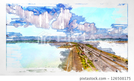 Sketch-style sketch landscape beautiful aerial view drone photography sky mountain midair floating fantastic drone 126508175