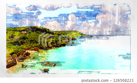 Sketch-style sketch landscape beautiful aerial view drone photography sky mountain midair floating fantastic drone 126508221