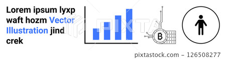 Blue bar chart, computer chip with Bitcoin symbol, person icon in circle. Ideal for finance, data analytics, cryptocurrency, business presentations, tech innovation, digital marketing, educational 126508277