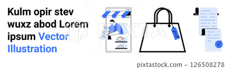 Smartphone with storefront and person shopping, shopping bag with tag, receipts with pen and signature. Ideal for e-commerce, online shopping, retail, transactions, mobile apps, marketing, digital 126508278