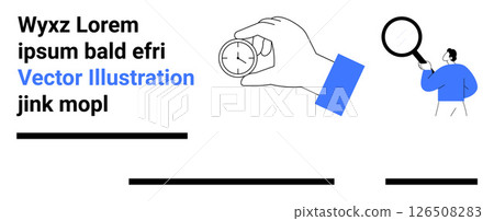 Hand holding a clock and man with a magnifying glass, representing time management and analysis. Ideal for business presentations, planning, management, time tracking, analysis, consultancy Hand holding a clock and man with a magnifying glass, representing time management and analysis. Ideal for business presentations, planning, management, time tracking, analysis, consultancy 126508283