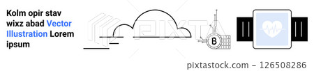 Cloud icon, shielded Bitcoin network, and smartwatch displaying a heart icon. Ideal for tech security, digital finance, health tracking, cloud integration, blockchain technology, wellness apps 126508286