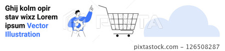 Man pointing at a shopping cart, cloud element. Ideal for e-commerce, online stores, shopping apps, digital marketing, web banners, sales promotions, and advertising. Banner for landing page 126508287