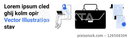 Person in blue hoodie working on laptop, black briefcase, documents with check marks. Ideal for business, remote work, office scenarios, education, freelance, presentations, landing page Person in blue hoodie working on laptop, black briefcase, documents with check marks. Ideal for business, remote work, office scenarios, education, freelance, presentations, landing page 126508304