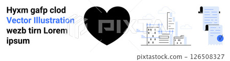 Black heart icon, detailed cityscape with skyscrapers, and official documents with blue checkmark. Ideal for websites, apps, infographics, advertisements, brochures, presentations, blogs, and landing Black heart icon, detailed cityscape with skyscrapers, and official documents with blue checkmark. Ideal for websites, apps, infographics, advertisements, brochures, presentations, blogs, and landing 126508327