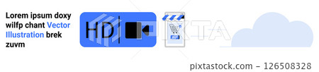 HD video icon, smartphone with shopping cart, cloud graphic. Ideal for e-commerce, tech services, digital marketing, online retail, cloud solutions, video production, and internet technologies 126508328