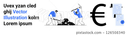 Two people breaking rocks with pickaxes, large Euro symbol, and a stack of documents with a checkmark. Ideal for finance, mining, economy, trade, business reports, investment, educational materials 126508340