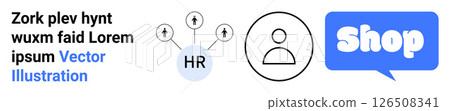 Contains a human resources connection icon, a user profile icon, and a shop button icon with placeholder text. Ideal for online shopping, HR services, user profiles, business applications, tech Contains a human resources connection icon, a user profile icon, and a shop button icon with placeholder text. Ideal for online shopping, HR services, user profiles, business applications, tech 126508341