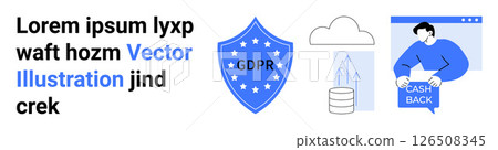 Shield with GDPR text, cloud computing data storage, person holding cashback sign. Ideal for cybersecurity, data privacy, cloud services, financial refunds, user protection, web security, technology 126508345