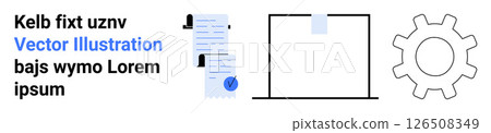 Documents with checkmarks, large blank board, and gear symbol. Ideal for productivity apps, business presentations, project management tools, educational platforms, software development, workflow Documents with checkmarks, large blank board, and gear symbol. Ideal for productivity apps, business presentations, project management tools, educational platforms, software development, workflow 126508349