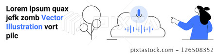 Female character in blue pointing towards cloud with microphone icon and sound wave graphics. Ideal for tech apps, voice assistants, cloud services, user guides, digital communication, software 126508352