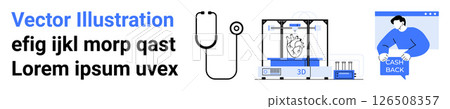 Stethoscope, 3D printer creating a heart, and cash back offer. Ideal for medical technology, healthcare, 3D printing, ecommerce, financial services, tech innovations, and online transactions. Landing 126508357