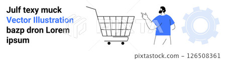 Person in blue shirt pointing at shopping cart with gear symbol. Ideal for e-commerce, technology, digital marketing, business strategy, customer engagement, online shopping, software solutions 126508361