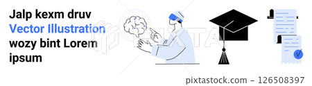 Virtual reality scientist and brain, graduation cap, diploma with seal. Ideal for educational technology, graduation, academic research, e-learning, virtual learning tools, university programs 126508397