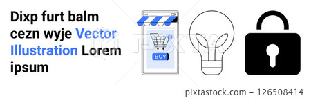 Smartphone with a shopping cart, lightbulb, and padlock icons. Ideal for e-commerce, online security, innovation, digital marketing, tech startups, creative ideas, mobile applications. Landing page 126508414