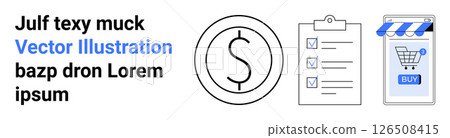 Dollar sign, checklist with check marks, mobile shopping cart with buy button. Ideal for financial apps, to-do lists, online shopping, business planning, productivity tools, e-commerce, budgeting Dollar sign, checklist with check marks, mobile shopping cart with buy button. Ideal for financial apps, to-do lists, online shopping, business planning, productivity tools, e-commerce, budgeting 126508415