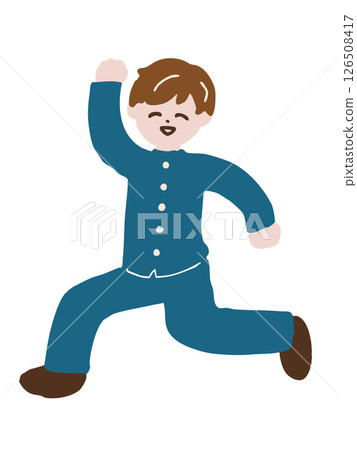 A male student in a school uniform running with a smile 126508417