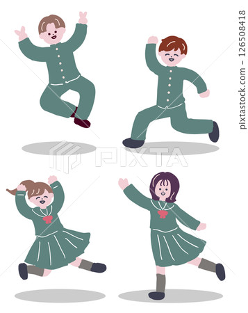 Illustration of happy male and female students in retro colors 126508418