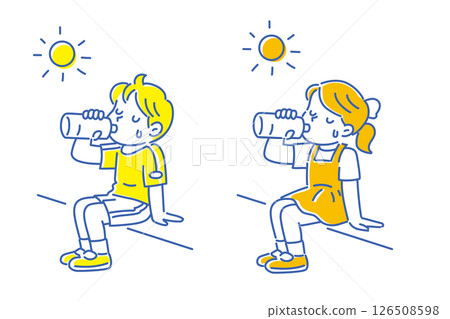 Illustration of a boy and girl hydrating under the sun Illustration of a boy and girl hydrating under the sun 126508598