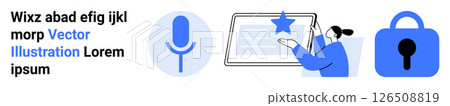 Blue microphone, tablet with star, and padlock highlight digital security. Ideal for cybersecurity, privacy protection, secure communication, data encryption, user interface design, software Blue microphone, tablet with star, and padlock highlight digital security. Ideal for cybersecurity, privacy protection, secure communication, data encryption, user interface design, software 126508819