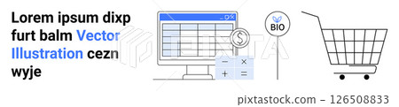 Computer screen displaying a financial spreadsheet, calculator, dollar symbol, eco-friendly BIO sign, shopping cart. Ideal for e-commerce, finance, eco-friendly products, digital marketing Computer screen displaying a financial spreadsheet, calculator, dollar symbol, eco-friendly BIO sign, shopping cart. Ideal for e-commerce, finance, eco-friendly products, digital marketing 126508833