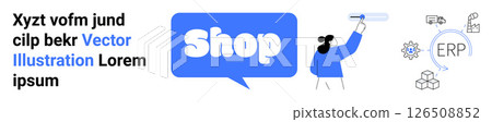 A person pointing towards the word Shop in a speech bubble with ERP and gears icon. Ideal for e-commerce, business solutions, marketing strategies, technology advancements, artificial intelligence A person pointing towards the word Shop in a speech bubble with ERP and gears icon. Ideal for e-commerce, business solutions, marketing strategies, technology advancements, artificial intelligence 126508852