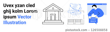 Bank building outline, abstract globe with nodes, person receiving cash back. Ideal for fintech, banking, technology solutions, educational materials, business presentations, infographics 126508858