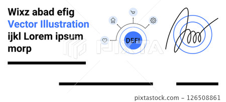Circle marked DEFI connected to icons representing smart contracts and technology, alongside abstract signature graphic. Ideal for finance, tech blogs, web design, business presentations, digital 126508861