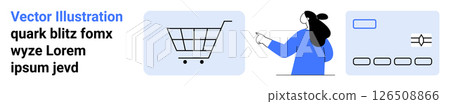 Shopping cart, person pointing at web icons illustrating navigation and user interface. Ideal for e-commerce, online stores, web design, digital marketing, user experience, retail apps, and tech 126508866