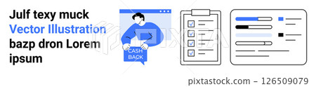 Man holding a cashback sign in browser window, checklist with checkboxes, and financial dashboard with charts. Ideal for finance, online shopping, cashback services, productivity tools, task Man holding a cashback sign in browser window, checklist with checkboxes, and financial dashboard with charts. Ideal for finance, online shopping, cashback services, productivity tools, task 126509079