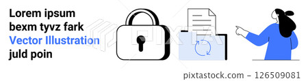 Lock symbolizing security, document with refresh icon indicating data encryption, woman pointing. Ideal for cybersecurity, digital privacy, data protection, information safety, secure file sharing Lock symbolizing security, document with refresh icon indicating data encryption, woman pointing. Ideal for cybersecurity, digital privacy, data protection, information safety, secure file sharing 126509081