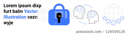 Large lock symbol, connected brain icons indicating knowledge sharing, and global network with stars. Ideal for cybersecurity, data protection, knowledge sharing, online privacy, network security 126509126