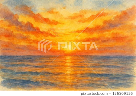 Evening scene, sun setting over the horizon, watercolor painting 126509136