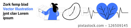 Female figure pointing, abstract shapes, and a heart with an ECG wave and branches in blue and black lines. Ideal for medical, health, fitness, wellness, education, technology, and presentations Female figure pointing, abstract shapes, and a heart with an ECG wave and branches in blue and black lines. Ideal for medical, health, fitness, wellness, education, technology, and presentations 126509145