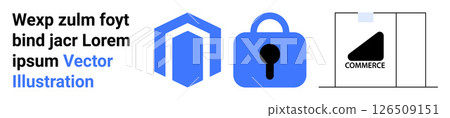 Collection of icons including a blue hexagonal symbol, a blue padlock, and a black commerce tag on a sliding panel. Ideal for cybersecurity, online safety, e-commerce, digital transactions, data 126509151