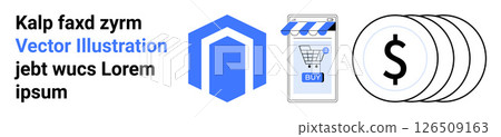 Blue hexagon icon, storefront icon with shopping cart, and dollar symbols. Ideal for e-commerce, financial services, online stores, payment gateways, marketing, business presentations, website 126509163