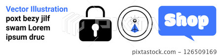 Lock symbol black indicates security. Blue circle with the eye and pyramid shows privacy. Blue chat bubble with the text Shop white. Ideal for cyber security themes online shopping privacy encryption 126509169
