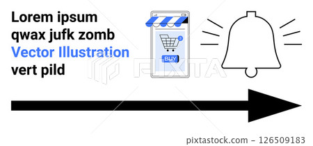 Smartphone with shopping cart and buy button, notification bell, and black arrow. Ideal for e-commerce, online shopping, digital marketing, notifications, mobile apps, user engagement, call to 126509183