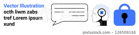 Text speech bubble, human head with brain and gear implying cognition, and blue padlock symbolizing security. Ideal for tech, communication, mind, safety, privacy, AI, and education themes. Banner 126509188