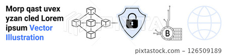 Blockchain network, secure shield with lock, microchip, and globe. Ideal for blockchain, cybersecurity, global connectivity, tech innovation, data protection, digital currency, and IT solutions Blockchain network, secure shield with lock, microchip, and globe. Ideal for blockchain, cybersecurity, global connectivity, tech innovation, data protection, digital currency, and IT solutions 126509189