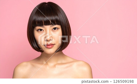 A woman with short bob hair stands out against a pale matte pink background A woman with short bob hair stands out against a pale matte pink background 126509198
