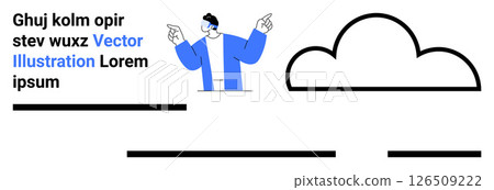 Male character in blue jacket pointing upwards, beside cloud shape, placeholders for text. Ideal for websites, marketing materials, presentations, blogs, advertisements, social media, and educational 126509222
