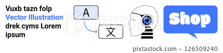 Depicts translation of text, AI technology with human silhouette and gears, and shop speech bubble. Ideal for e-commerce, language translation, AI technology, online shopping, innovation. Banner Depicts translation of text, AI technology with human silhouette and gears, and shop speech bubble. Ideal for e-commerce, language translation, AI technology, online shopping, innovation. Banner 126509240