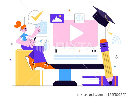 Online Education and Knowledge Books Illustration Featuring People Studying with School Supplies and Learning Materials Platform in a Background 126509251